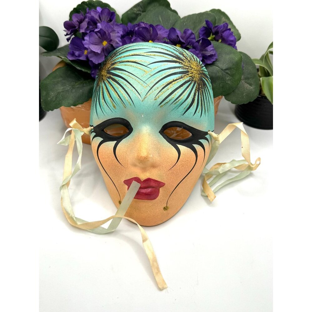 Hand-Painted Ceramic Venetian Mask With Ribbon Ties